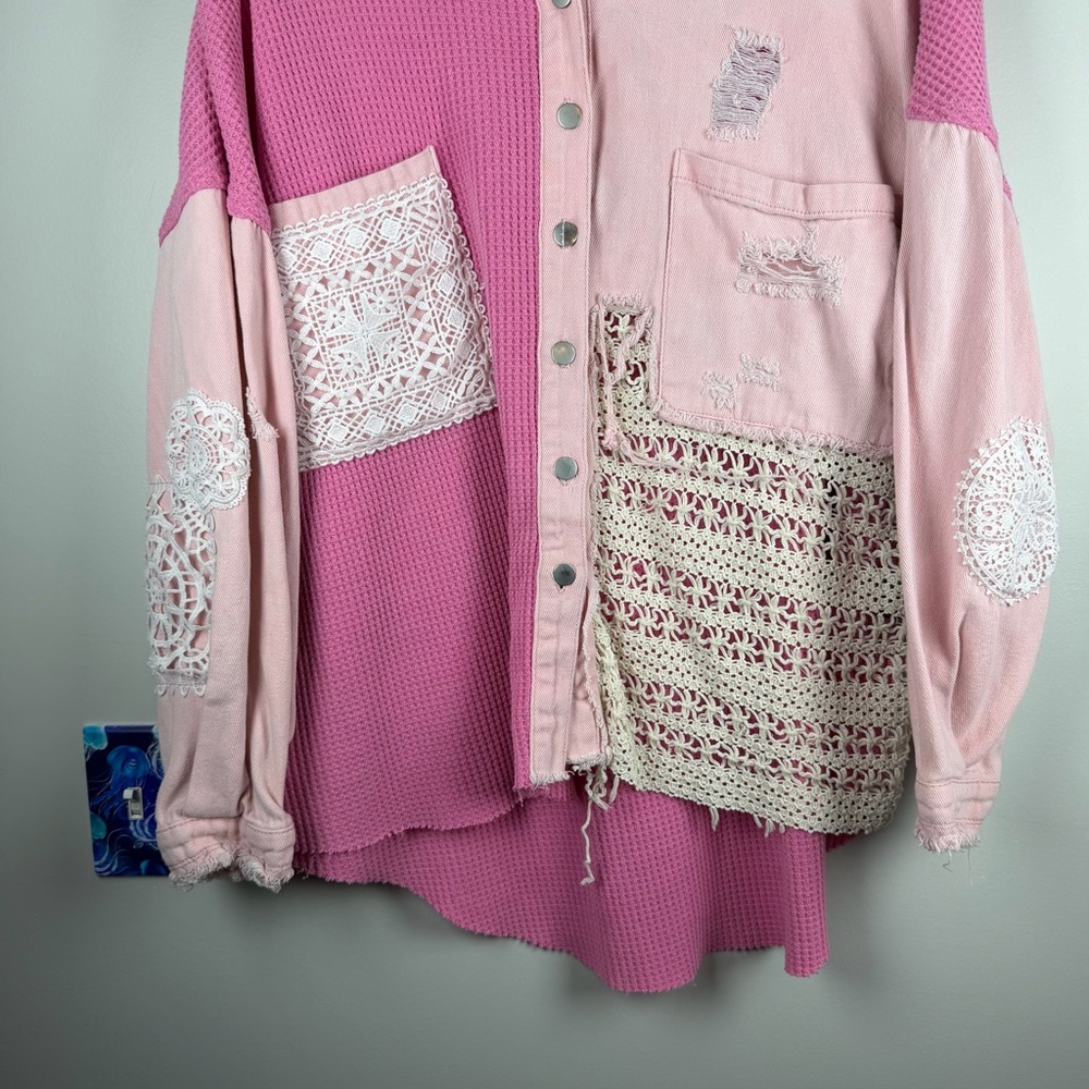 Pol Pink Patchwork Distressed Shacket Grunge Croc… - image 2